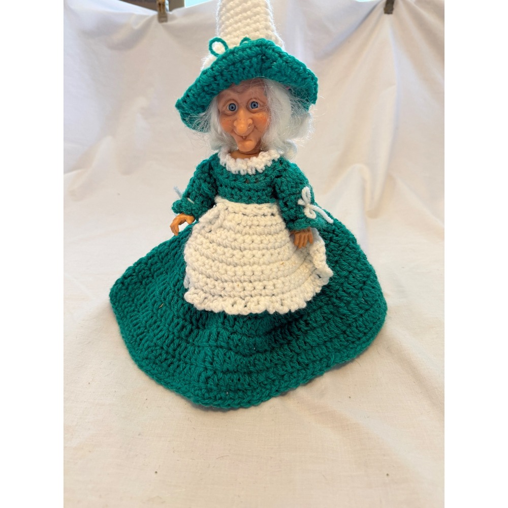 Vintage Handmade Crochet Kitchen Witch Doll Teal White Good Luck Kitchen Decor